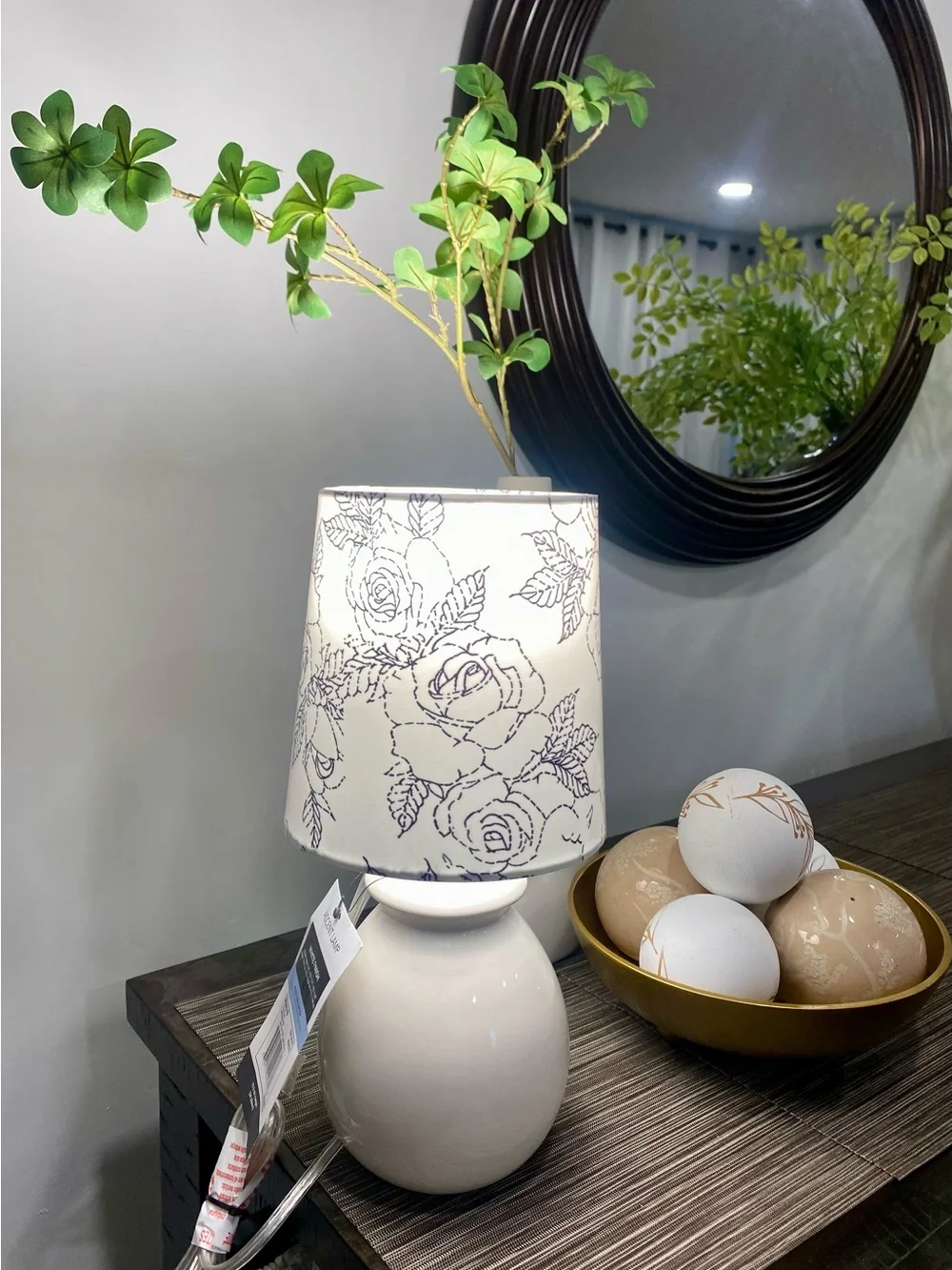 White Ceramic Table Lamp with Floral Shade by